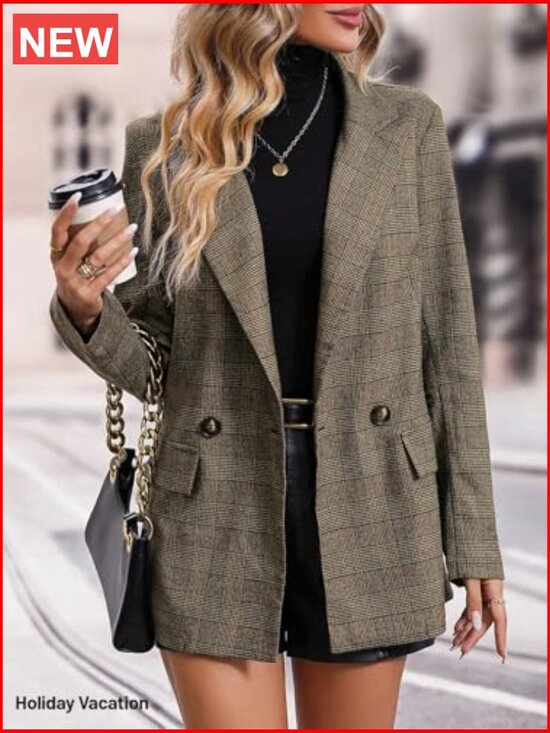 Lightweight Fully Lined Plaid Houndstooth Blazer with Pockets - Picture 4 of 7